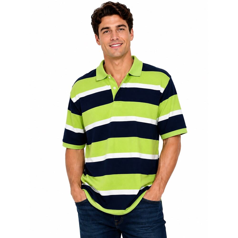 NEW Men’s Big & Tall 100% Cotton Green/Blue/White Stripes Polo Summer Preppy